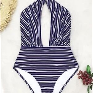 NWT Cupshe Blue Striped Wrap One Piece Swi…